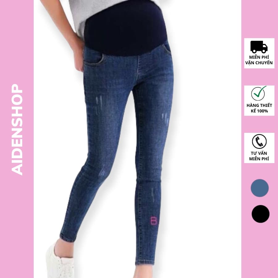 Quần bò bầu jeans đẹp Aidenshop quần bầu công sở có đáp bụng (có video)