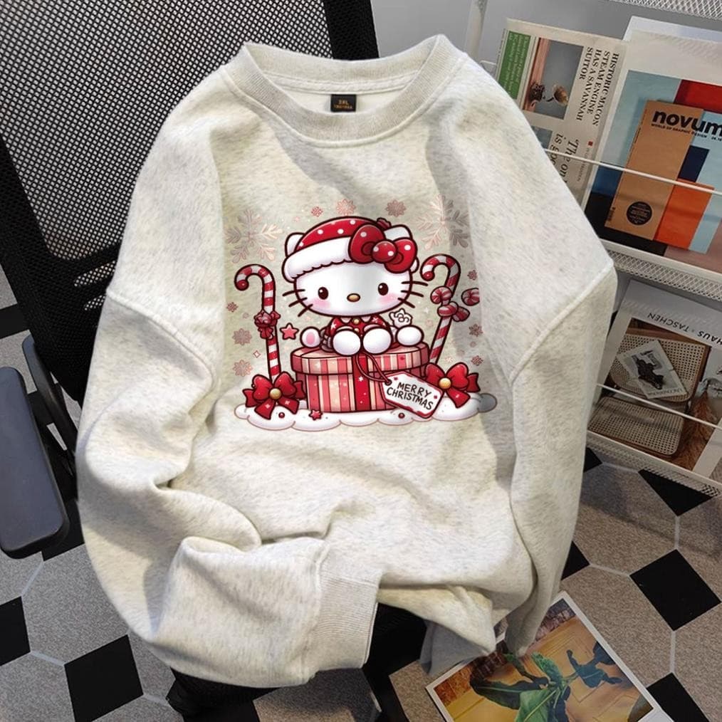 Áo nỉ dài tay nữ xám tiêu form rộng cổ tròn local brand  áo sweater đồ noel Hello kitty y2k UT