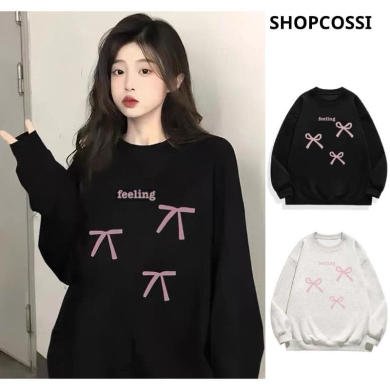 Áo sweater nữ .áo hoodie nỉ cổ tròn chất nỉ bông 2 mặt dày đẹp in hình nơ hồng UT