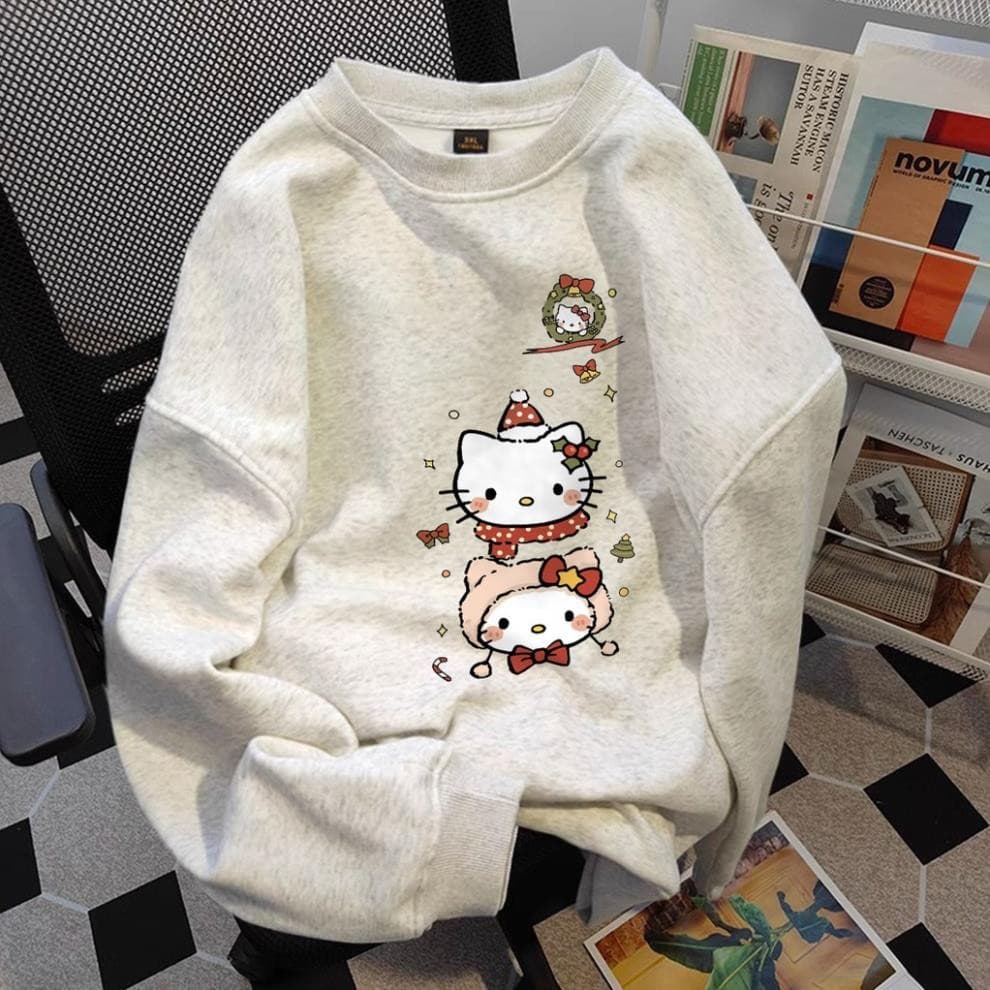 Áo nỉ dài tay nữ cổ tròn màu xám ghi đồ Noel Hello Kitty  áo sweater thu đông form rộng UT