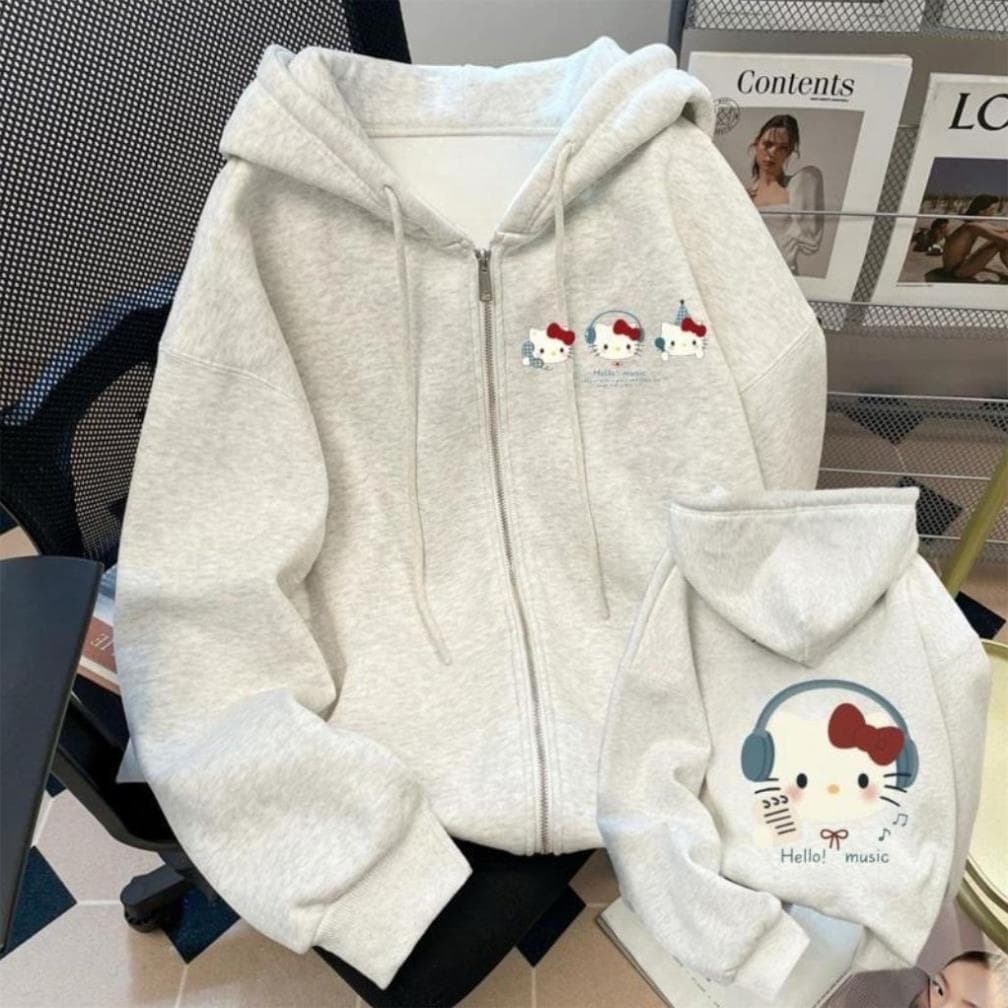 Áo khoác Hoodie Zip nỉ COTTON phong cách Hàn Quốc in Kitty Hello Music UT