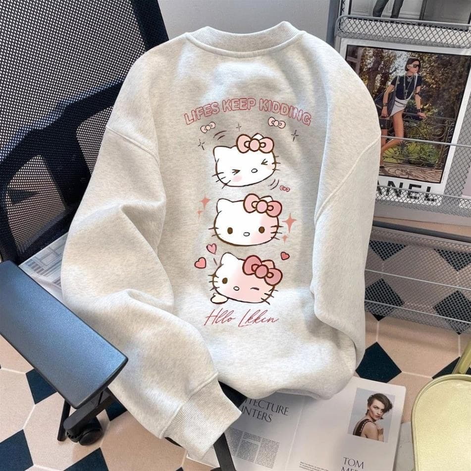 Áo sweater nữ xám tiêu Hello Kitty DỌC  form rộng hàn quốc  áo nỉ dài tay mùa thu đông UT