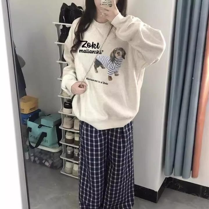 Áo sweater nữ xám thu đông CÚN SỌC CARO hàn quốc ulzzang áo nỉ cổ tròn