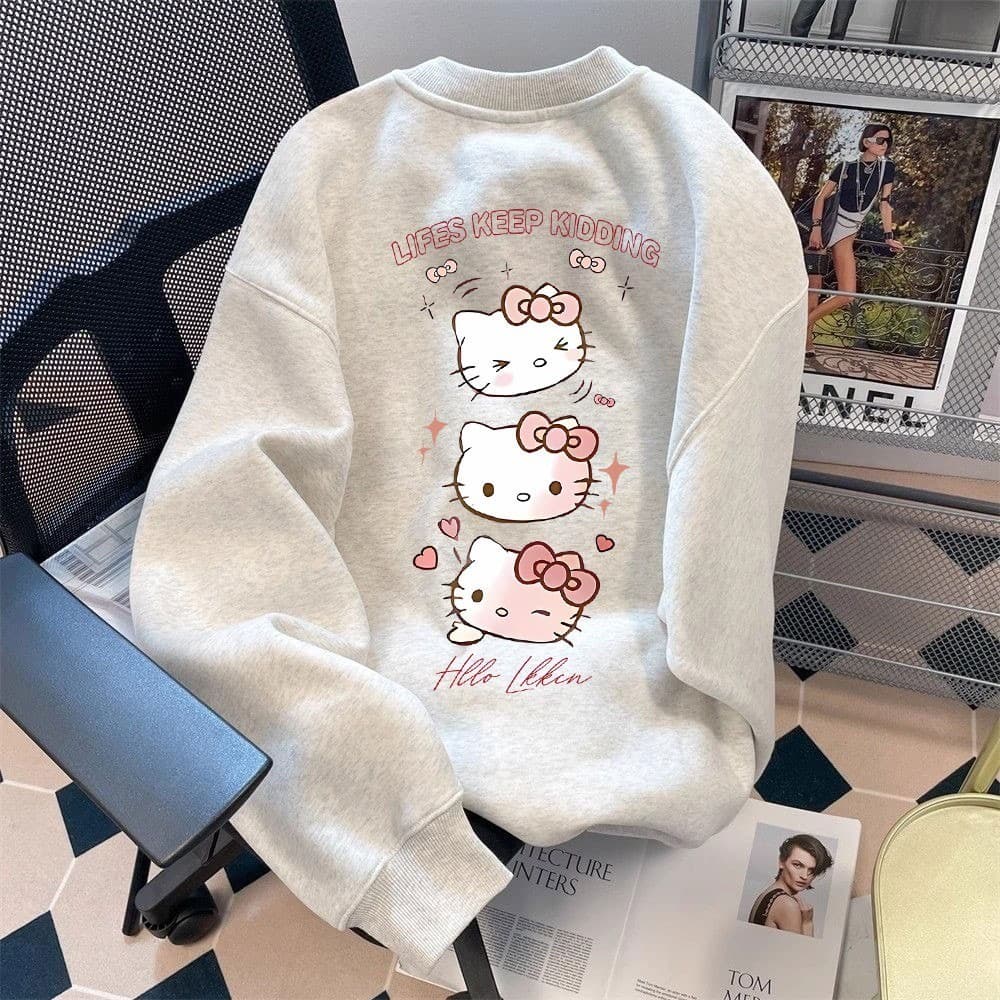 Áo sweater nữ xám tiêu Hello Kitty HỒNG DỌC  form rộng áo nỉ dài tay mùa thu đông UT