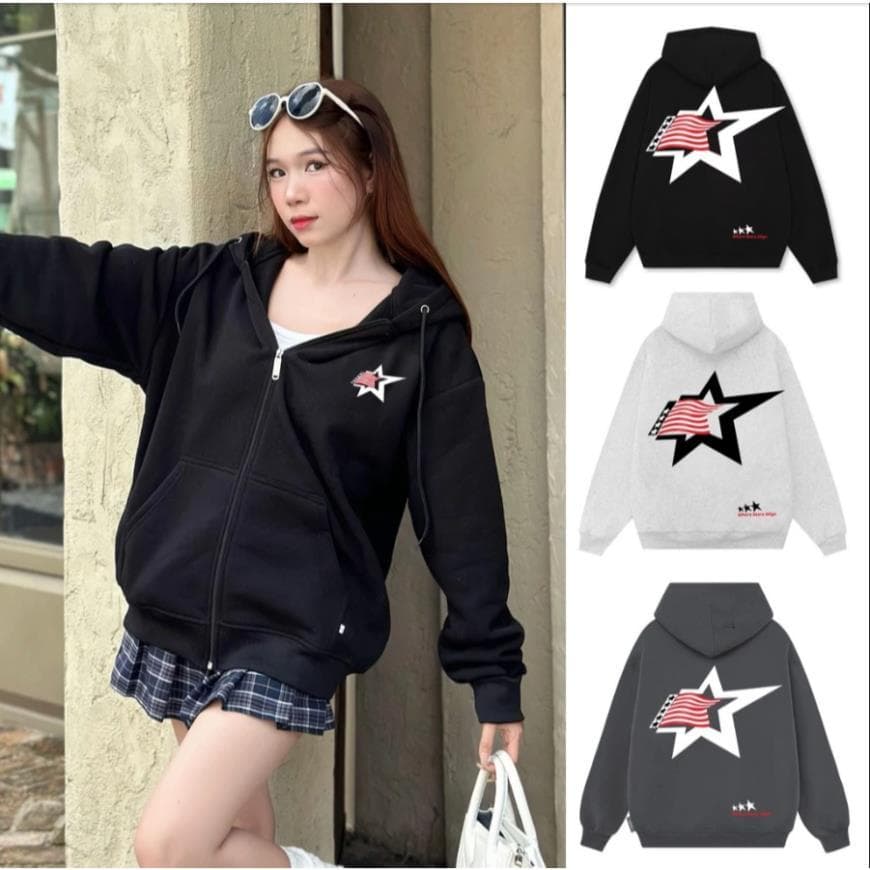 Áo Khoác Hoodie ZIP NỈ COTTON Hình IN Ngôi Sao Lá Cờ Mỹ UNISEX UT