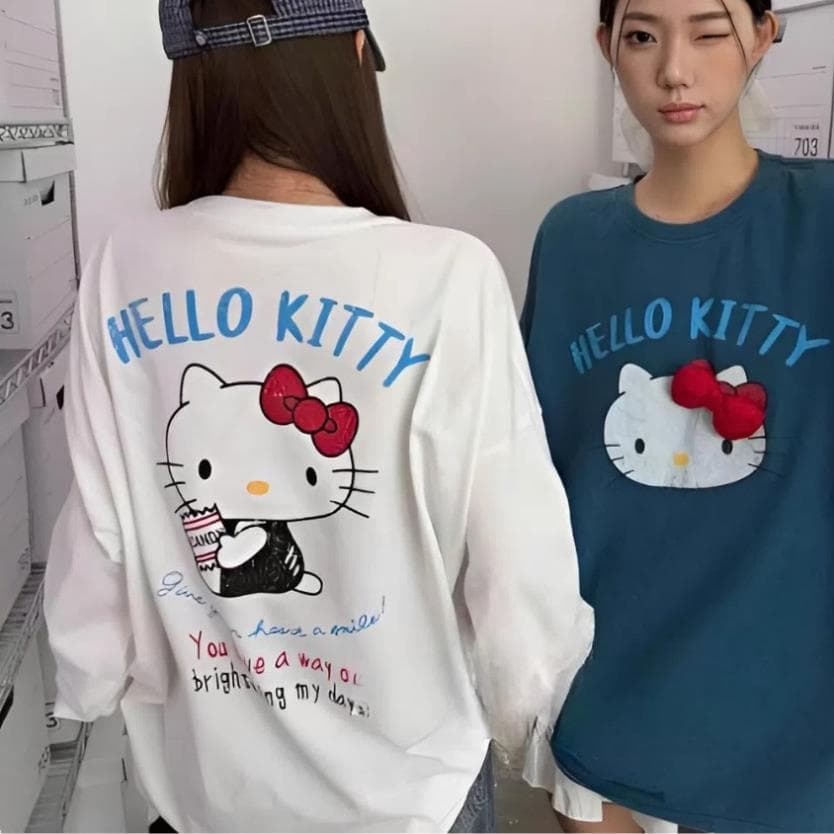 Áo dài tay kitty kèm charm nơ đỏ - Sweater nỉ len form rộng oversize phong cách dễ thương hotgirl hàn quốc UT