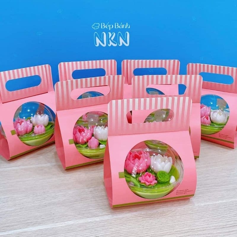 Sét 10 hộp cầu kèm túi xách giấy đựng bánh/ thạch/kem quà tặng màu xanh hồng ngẫu nhiên