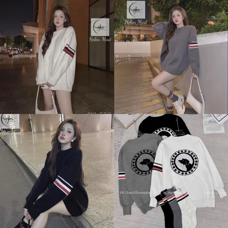 Áo Nỉ Nữ , Áo Cổ Tròn Sweater In Hình Chó 5 Vạch