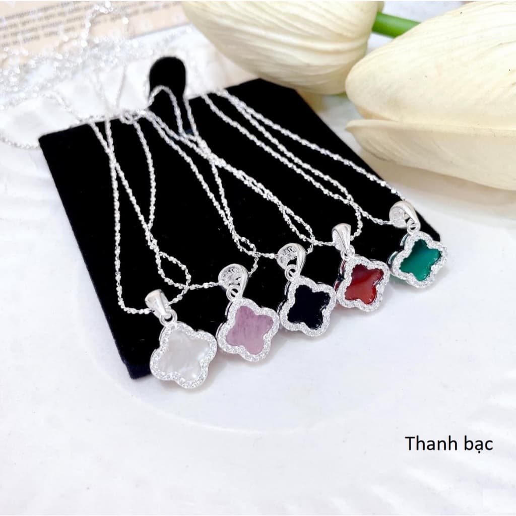 Dây chuyền bạc nữ dây cỏ 4 lá đen trắng hồng xanh đỏ đeo 2 kiểu