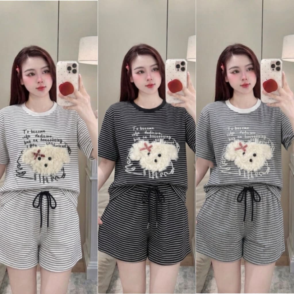 Set Bộ Nữ , Set Bộ Kẻ Tăm Gân Quần Đùi Chó Xù T1