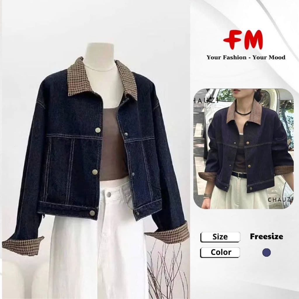 Áo Khoác Jean Nữ FMSTYLE – Form Rộng Oversize, Cổ Bẻ Phối Caro Thời Trang 26040105