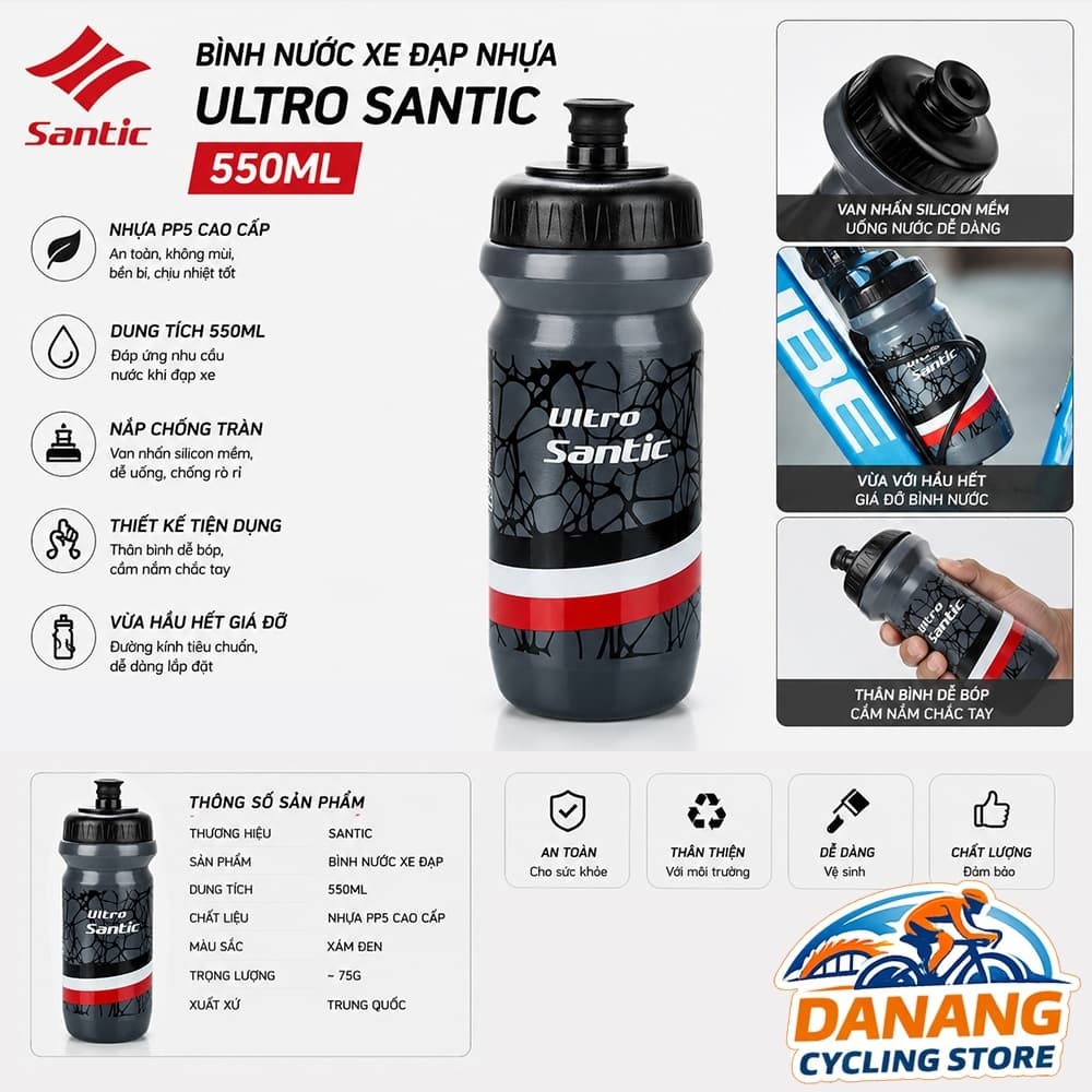 Bình Nước Xe Đạp Nhựa SANTIC Ultro 550ml – Bình Nước Thể Thao Van Chống Rò Rỉ