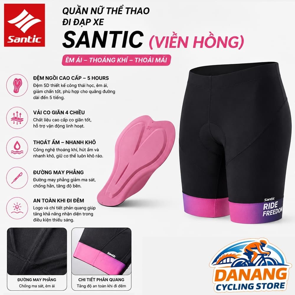 Quần Ngắn Nữ Đạp Xe SANTIC – Quần Thể Thao Có Đệm Mông 3D – Thoáng Khí, Co Giãn (Viền Hồng)