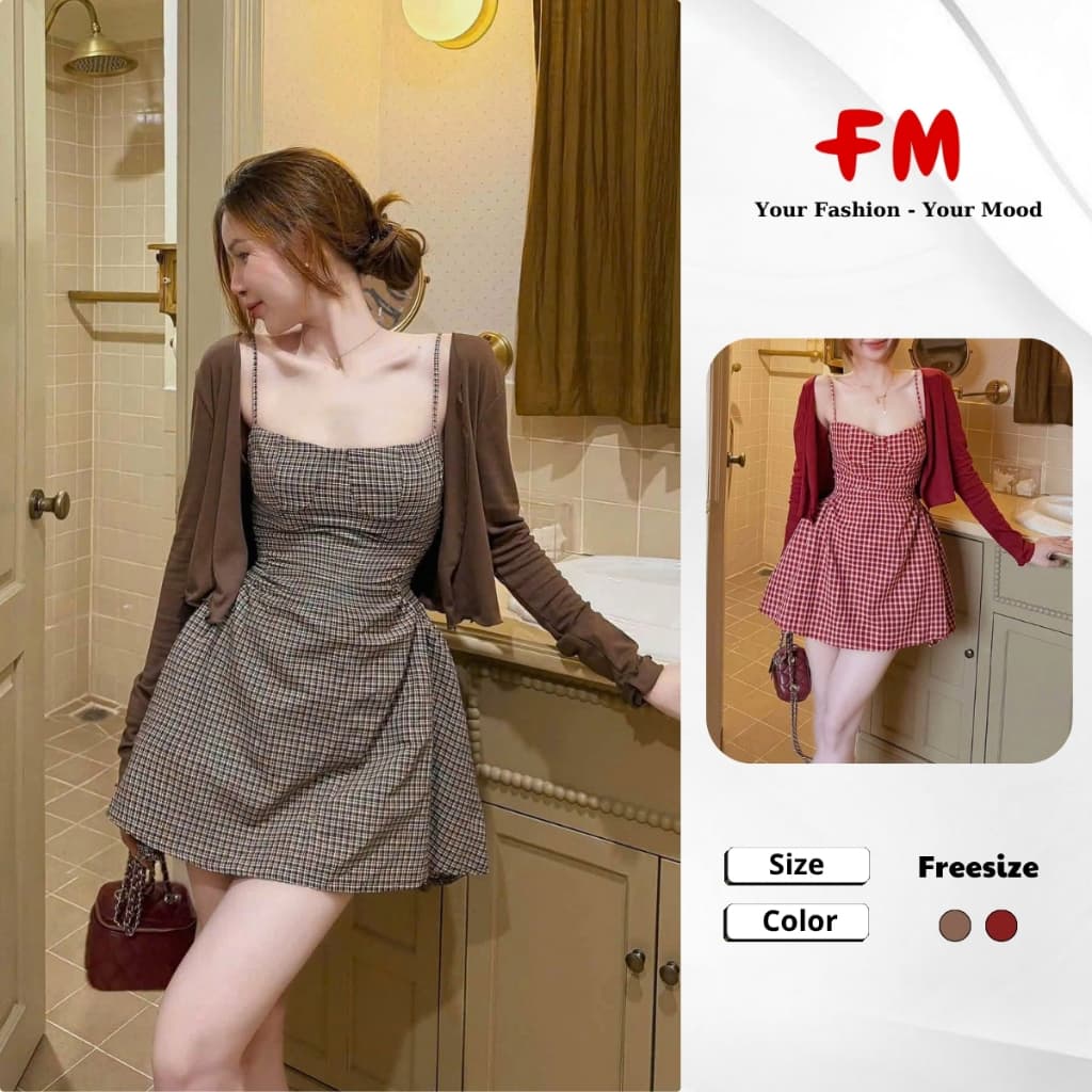 Váy Đầm Nữ 2 Dây Caro Kèm Áo Cardigan FMSTYLE Nữ Tính Dễ Phối 26080229