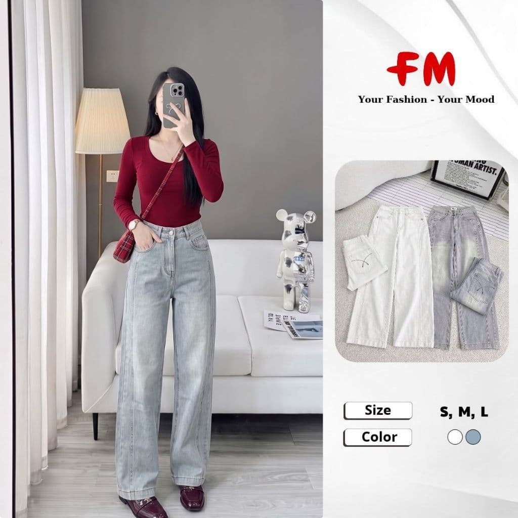 FMSTYLE  Quần Jeans Nữ Ống Suông thêu túi hack dáng  2 Màu đủ size S M L 26090863
