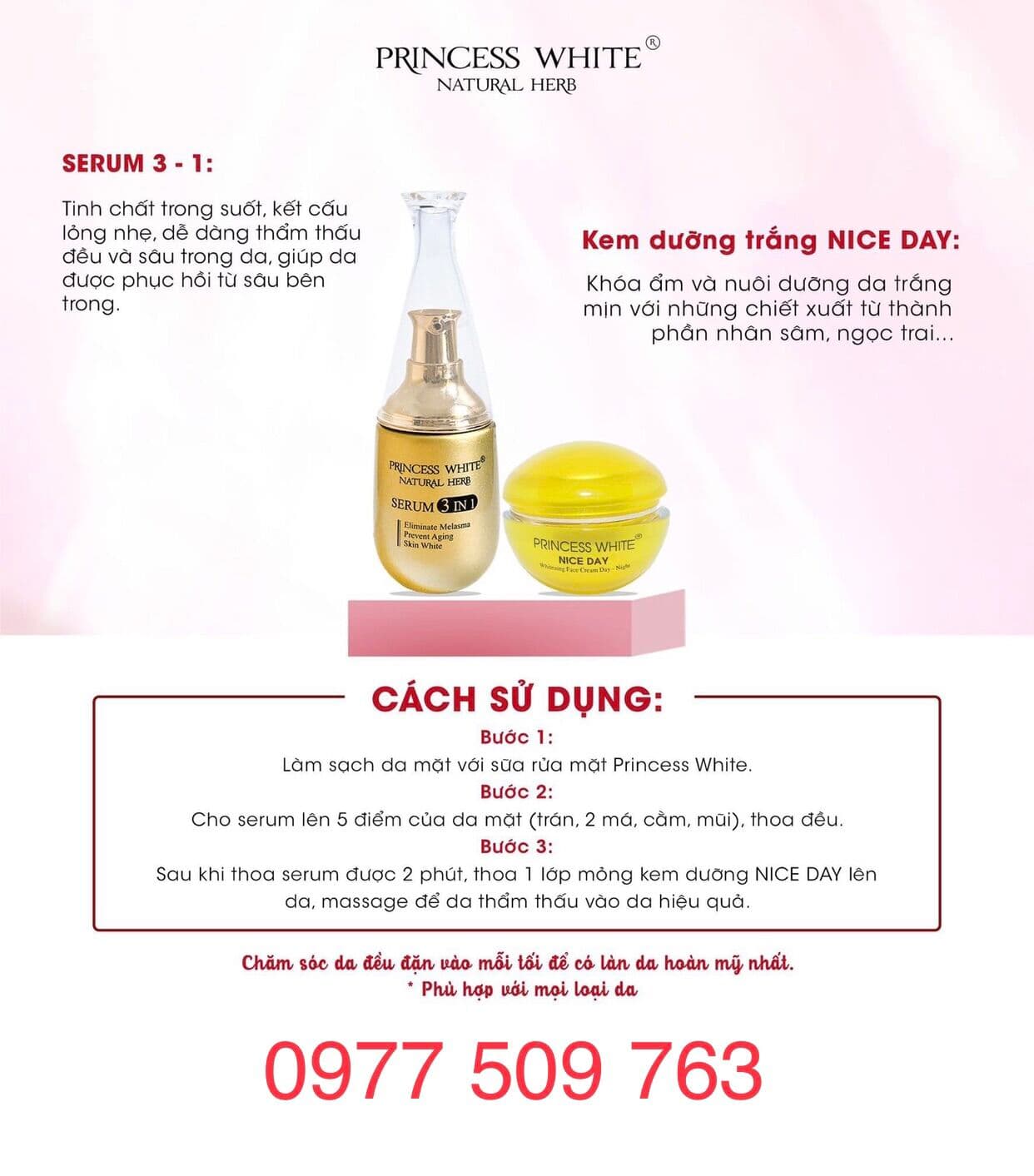 Kem NICE DAY 22gr + Serum PRINCESS WHITE 3in1 40ml dưỡng trắng da giữ ẩm se khít chân lông