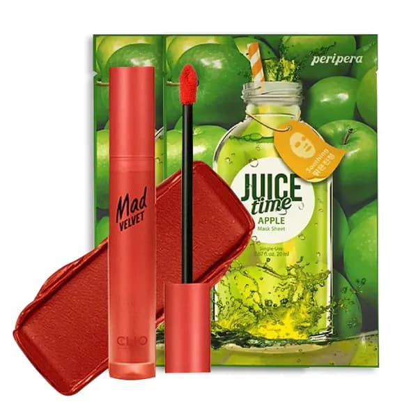 (Gift) Combo 1 Son Thỏi Lì CLIO MELTING MATTE LIPS 13 FABRIC RED 2.3g Và 2 Mặt Nạ Giấy PERIPERA JUICE TIME MASK SHEET APPLE SOOTHING