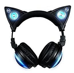 New Edition Wireless Cat Ear Headphones (12 Color Changing) with Speakers & 3.5mm Jack, Type-C Charging, Bluetooth&Wired Connection (White-Pink)