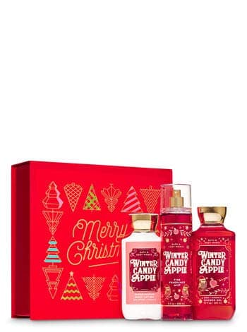 Bath and Body Works WINTER CANDY APPLE Gift Box Set - Body Lotion, Fine Fragrance Mist & Shower Gel arranged in an easel-style gift box with a ribb...