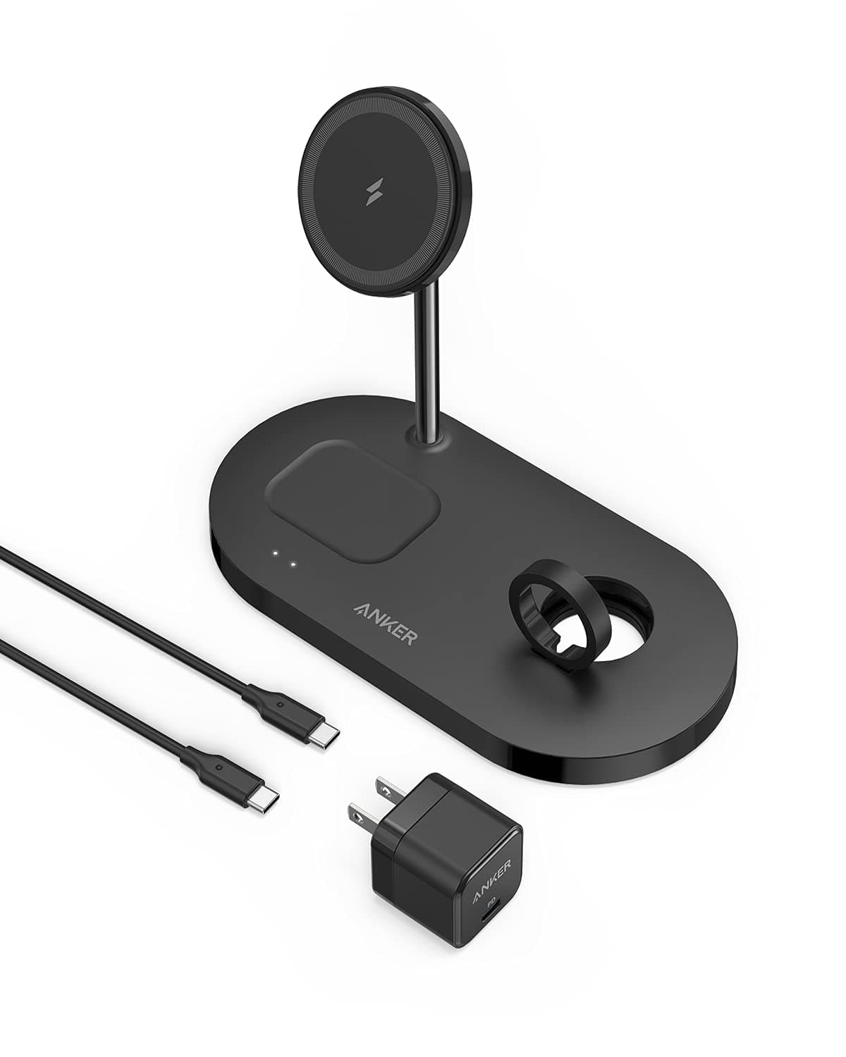 Anker Magnetic Wireless Charging Station with 20W Charger, 533 Magnetic Wireless Charger (3-in-1 Stand), 5 ft USB-C Cable, For iPhone 13 Series, Ai...