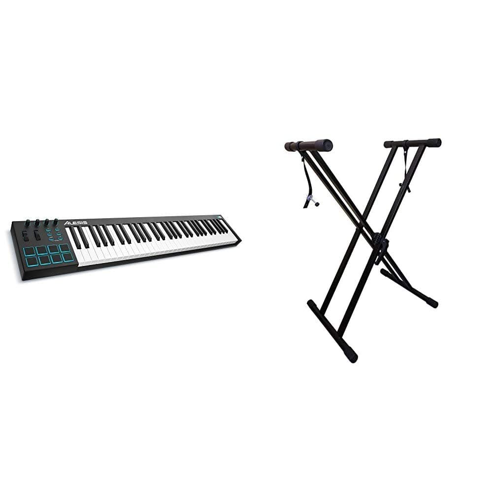 Alesis V61 | 61 Key USB MIDI Keyboard Controller with 8 Backlit Pads, 4 Assignable Knobs and Buttons & RockJam Xfinity Heavy-Duty, Double-X, Pre-As...