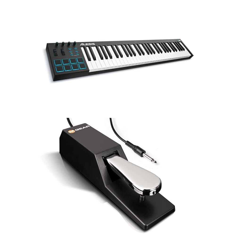 MIDI Controller Bundle | 61 Key USB MIDI Keyboard with 8 Beat Pads, Sustain Pedal and Software Suite – Alesis V61 and M-Audio SP-2
