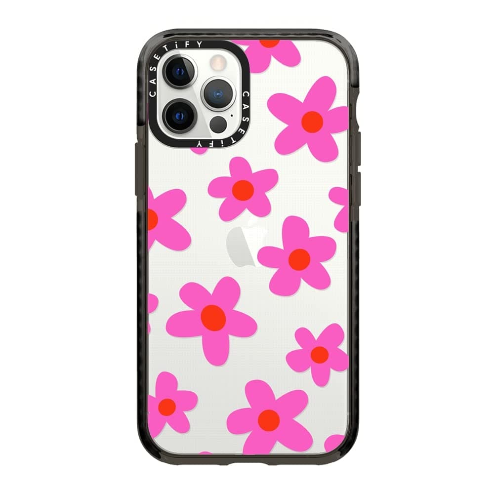 CASETiFY Impact Case for iPhone 12/ iPhone 12 Pro - Bold Retro Seventies Flowers in Pink - Clear Black