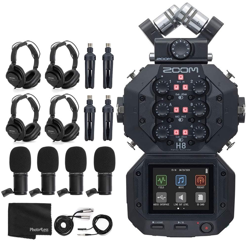 Zoom H8 Eight Track Handy Recorder For Podcasting, Music, Field Recording + 4x Zoom ZDM-1 Podcast Mic + 4x Headphones + 4x Windscreens + 4x Tableto...