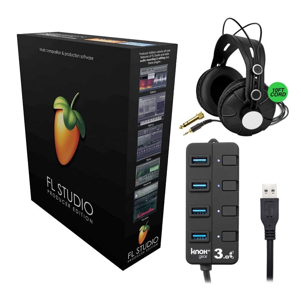 FL Studio 20 - Producer Edition (Boxed) Bundle with Knox Gear Closed-Back Monitoring Headphones & Knox Gear 4-Port USB 3.0 Hub (3 Items)