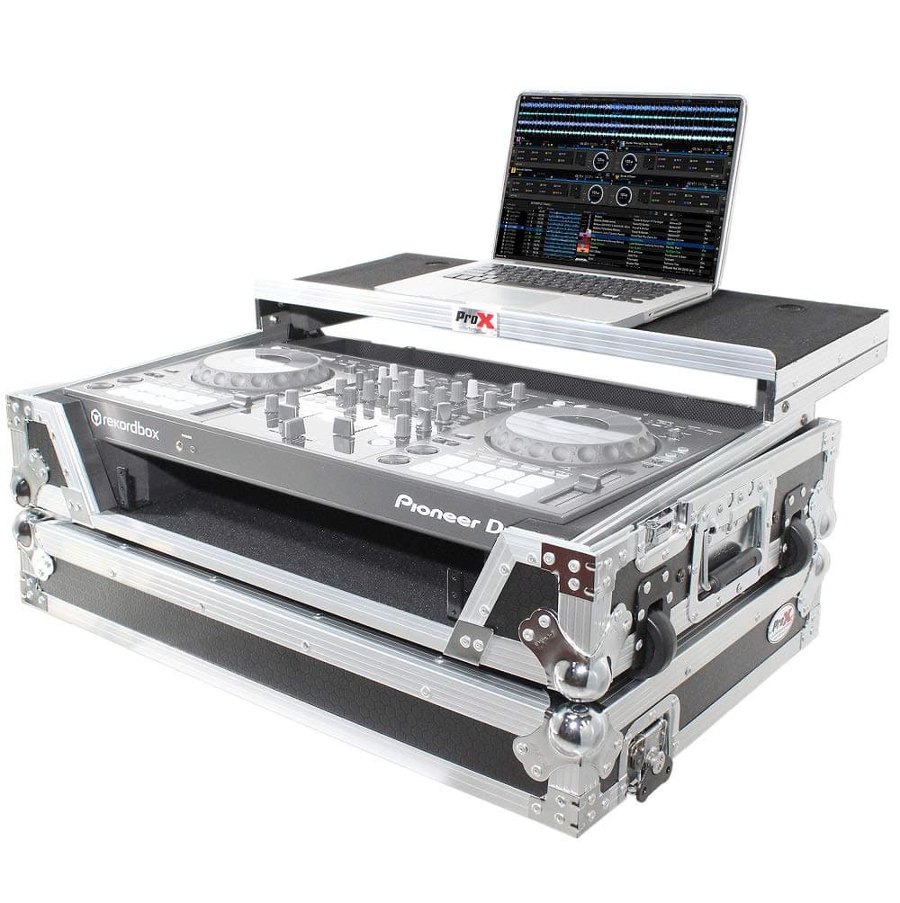 ProX Flight Case For Pioneer DDJ-800 Digital Controller With Sliding Laptop Shelf and Wheels - Silver on Black Design - XS-DDJ800 WLT