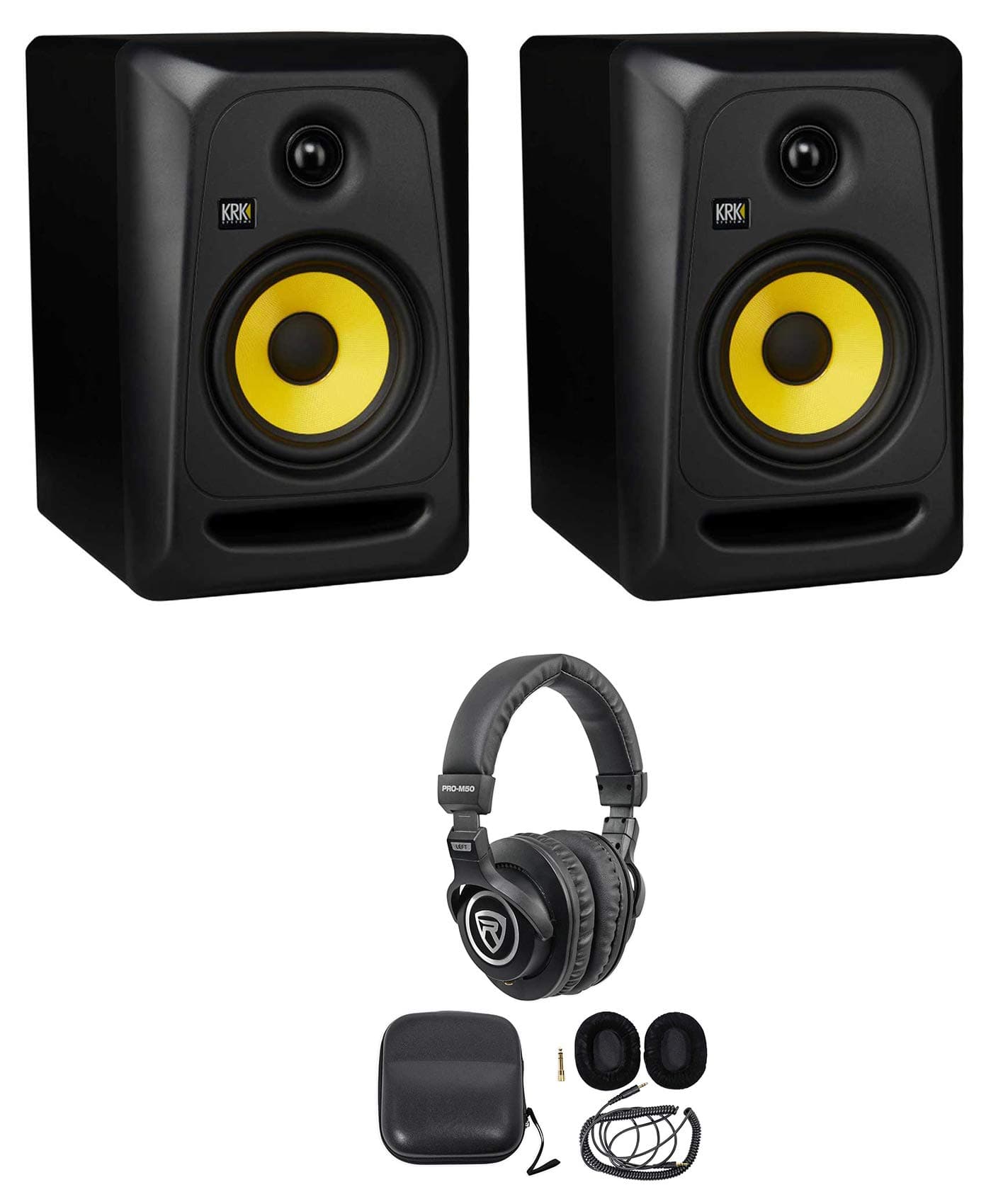 KRK CLASSIC 5 Studio Monitor 5" Nearfield Active Powered Bi-Amped 2-Way Speaker Bundle with RockvilIe PRO-M50 Studio Headphones w/ Detachable C...