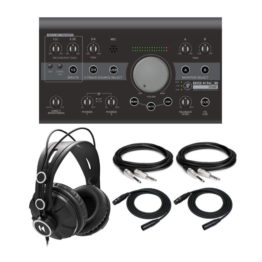 Mackie Big Knob Studio 3x2 Studio Monitor Controller 192kHz USB I/O Interface Bundle with Knox Gear Closed-Back Studio Monitor Headphones, XLR Cabl...