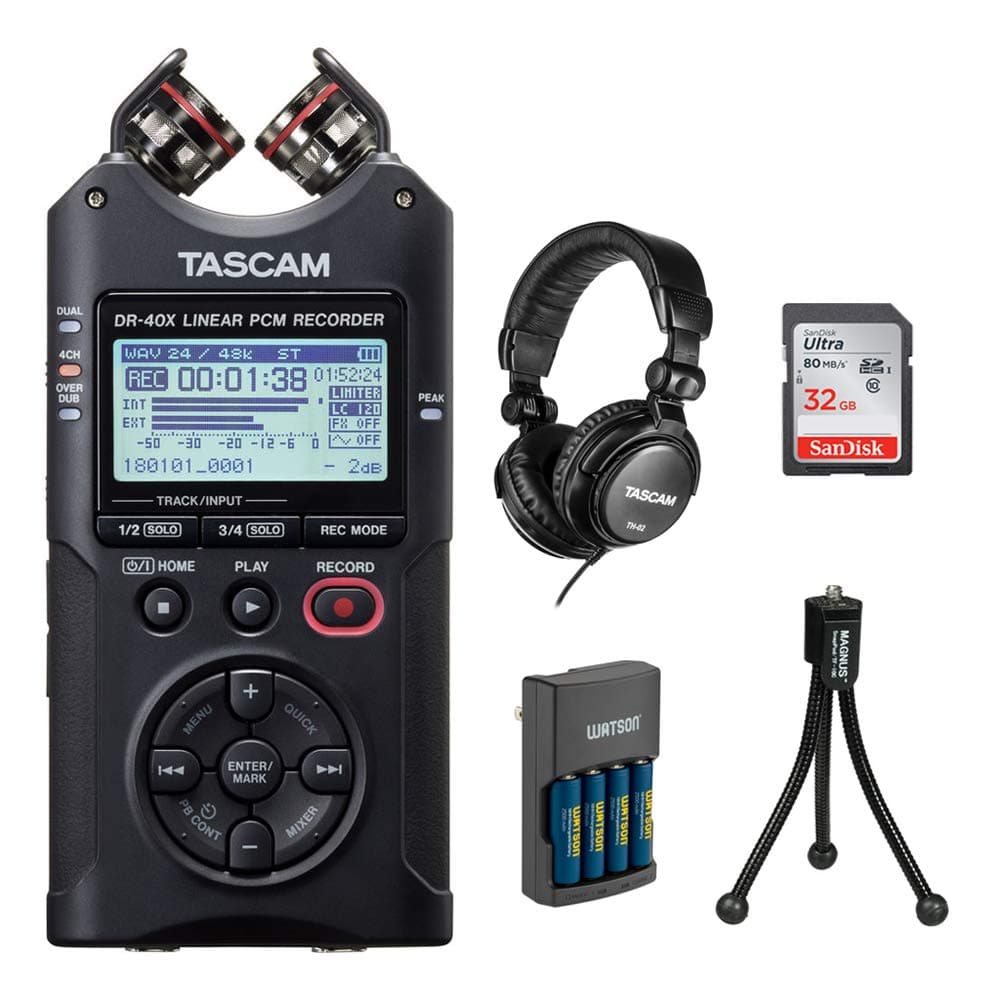 Tascam DR-40X Four-Track Digital Audio Recorder with Tascam TH-02 Studio Headphones (Black), 32GB Memory Card, Charger with 4 AA Batteries & Tripod...