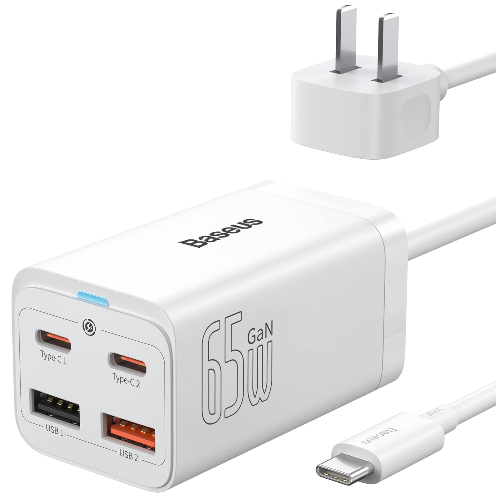 USB C Charger, Baseus 65W PD GaN3 Fast Wall Charger Block, 4-Ports [2USB-C + 2USB] Charging Station with 5ft AC Cable for MacBook Pro/Air, USB-C La...