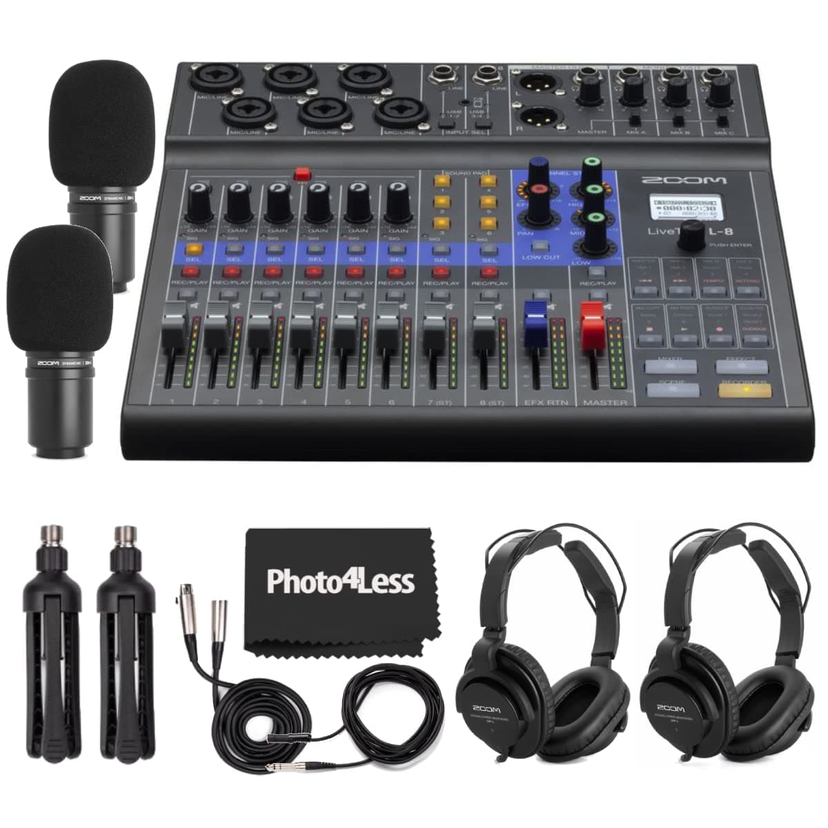 Zoom LiveTrak L-8 Portable 8-Channel Digital Mixer and Multitrack Recorder + 2x Zoom ZDM-1 Mic with Headphones, Windscreens and Stands + Cleaning C...