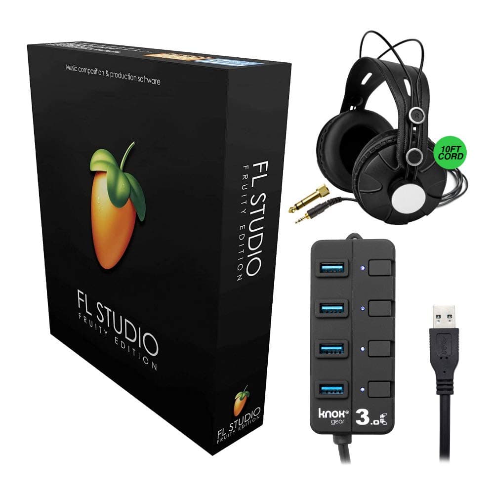 FL Studio 20 - Fruity Edition (Boxed) Bundle with Knox Gear Closed-Back Monitoring Headphones & Knox Gear 4-Port USB 3.0 Hub (3 Items)