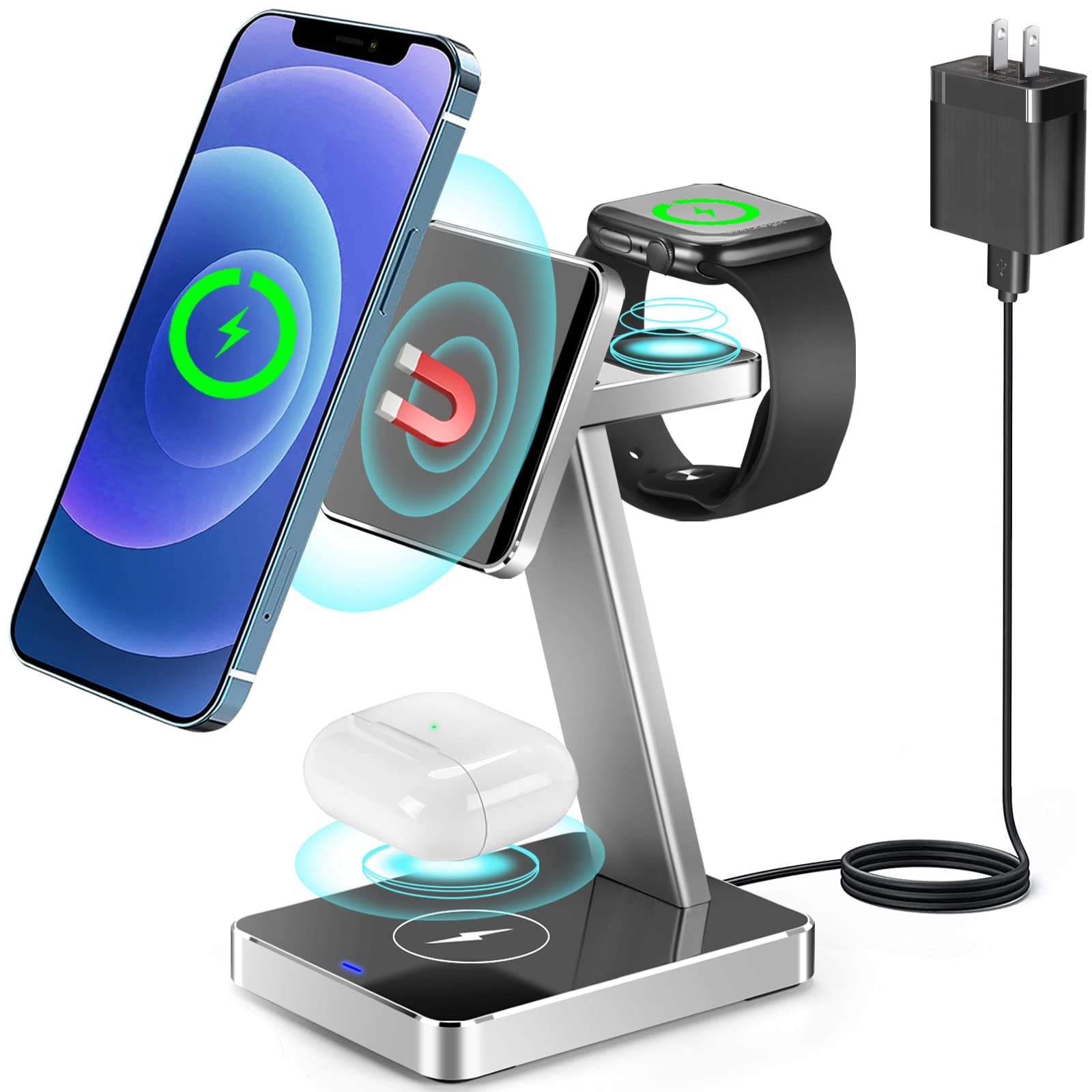 Aluminum Alloy 3 in 1 Magnetic Wireless Charger,Fast Wireless Charging Station for Multiple Devices,Mag-Safe Charger Stand for iPhone 13 12 Pro/Pro...
