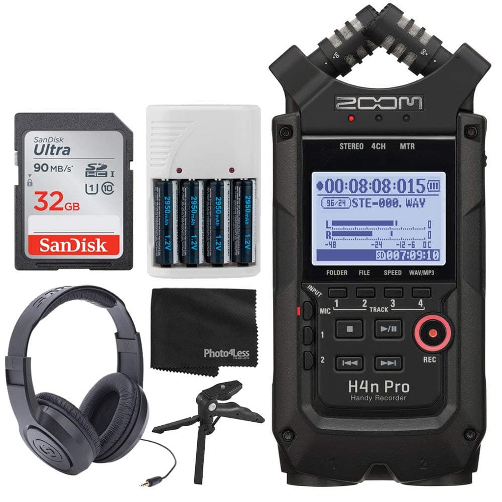 Zoom H4n Pro 4-Input/4-Track Portable Handy Recorder with Onboard X/Y Mic Capsule (Black) + Over-Ear Stereo Headphones + 32GB Memory Card + Table T...