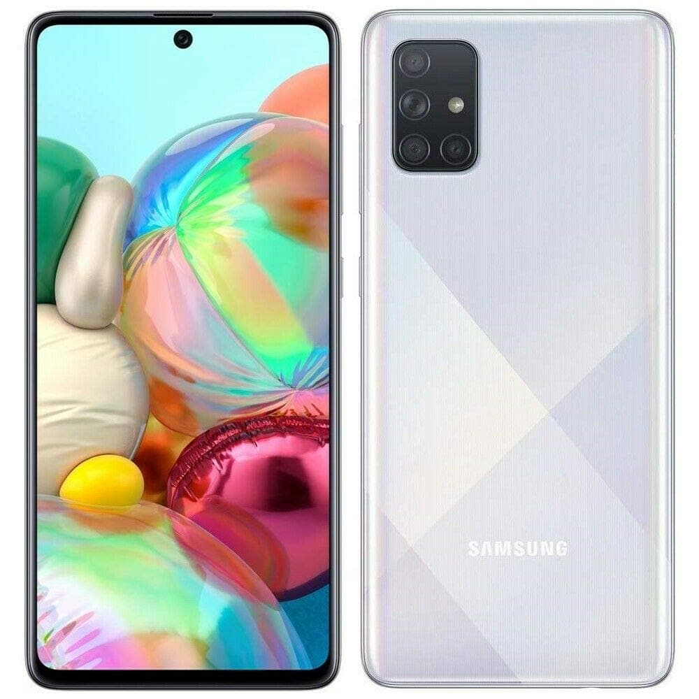 Samsung Galaxy A71 A715F/DS, 4G LTE, International Version (No US Warranty), 128GB, 6GB, Prism Crush Silver - GSM Unlocked - 64GB SD + Case Bundle