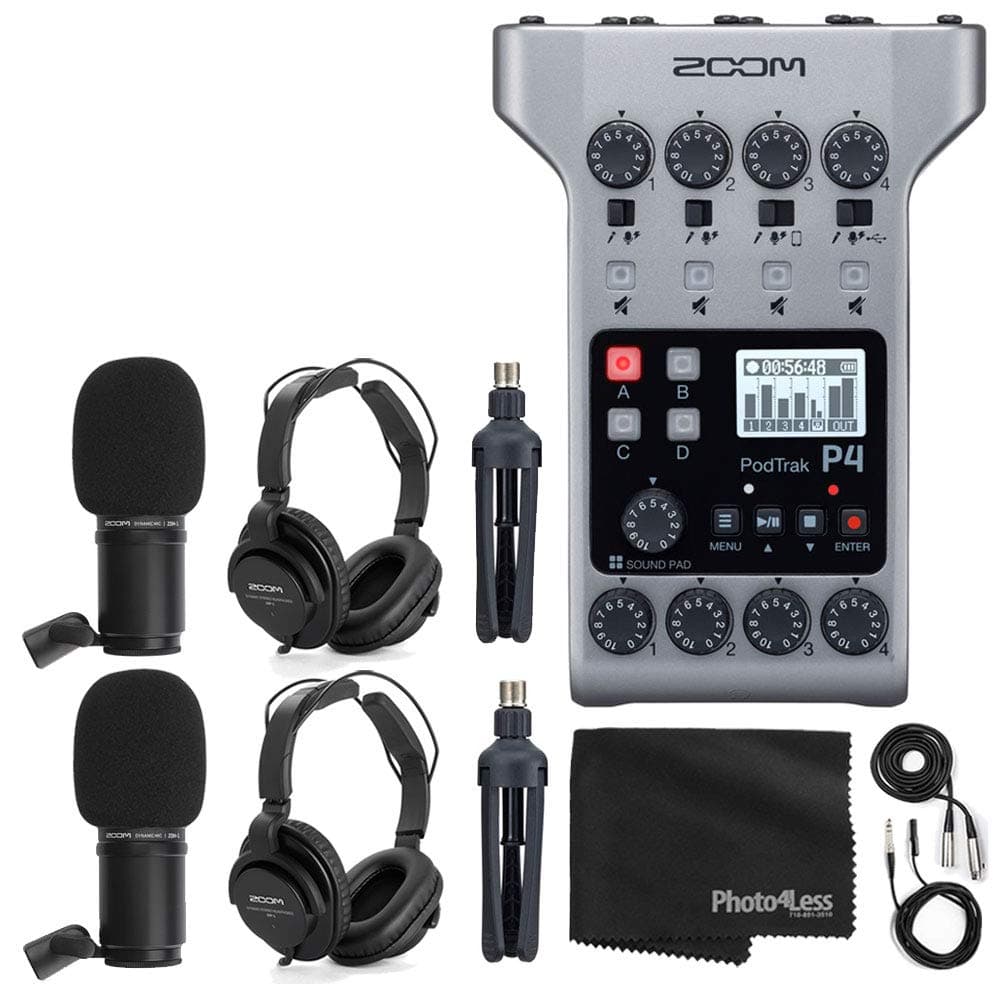 Zoom PodTrak P4 Portable Multitrack Podcast Recorder + 2x Zoom M-1 Mic + 2x Headphones + Windscreens + XLR Cables + 2x Tabletop Stand + Cloth – 2 P...