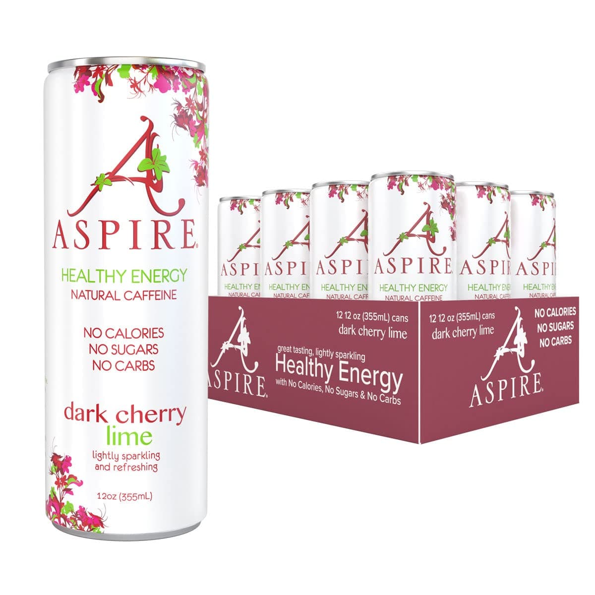 Aspire Healthy Energy Drink, Dark Cherry Lime, Natural Caffeine, Sugar Free, 80mg, Vitamins B & C, Keto Friendly, 12 oz Cans (Pack of 12)