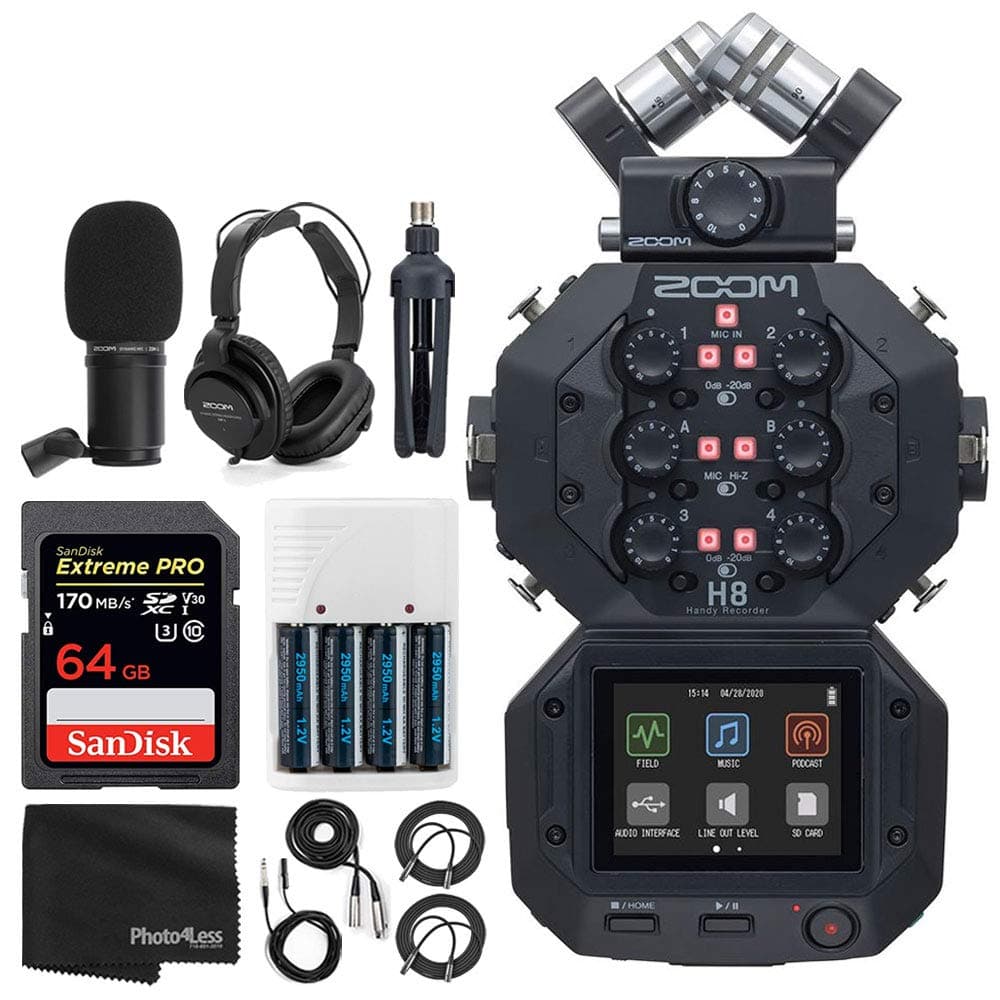 Zoom H8 8-Input / 12-Track Portable Handy Recorder For Podcasting, Music, Field Recording + Zoom ZDM-1 Podcast Mic + Headphones + Windscreen + Tabl...