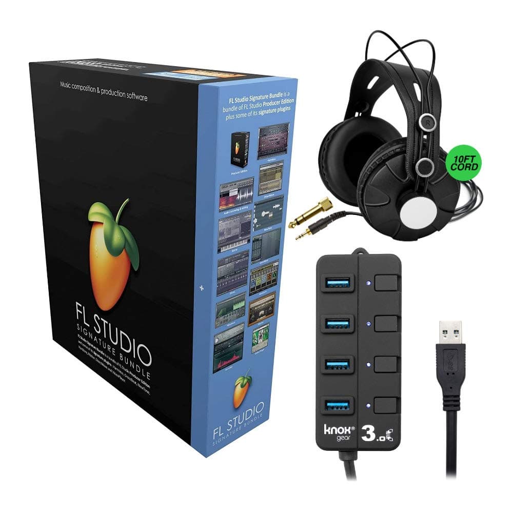 FL Studio 20 - Signature Edition (Boxed) Bundle with Knox Gear Closed-Back Monitoring Headphones & Knox Gear 4-Port USB 3.0 Hub (3 Items)