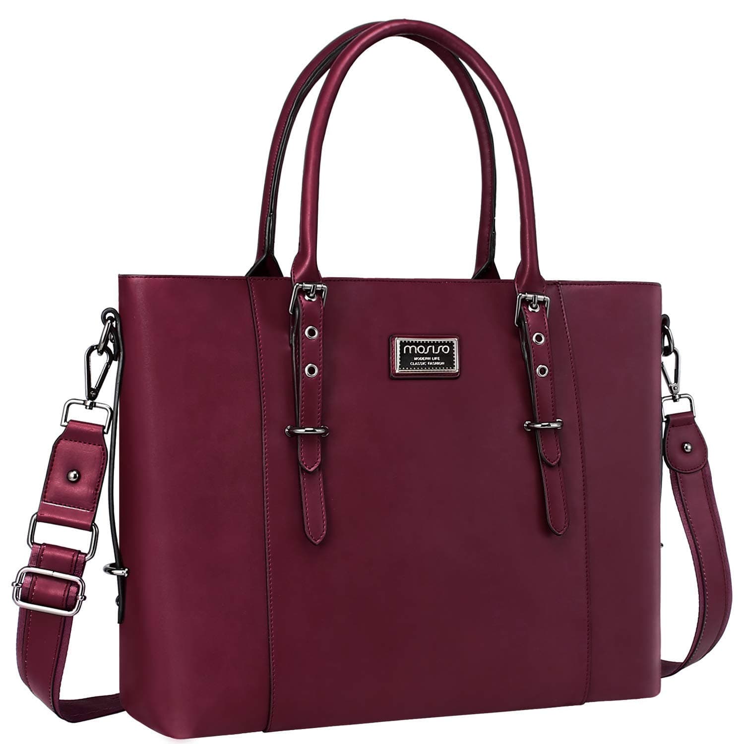 MOSISO PU Leather Laptop Tote Bag for Women (Up to 15.6 inch), Wine Red