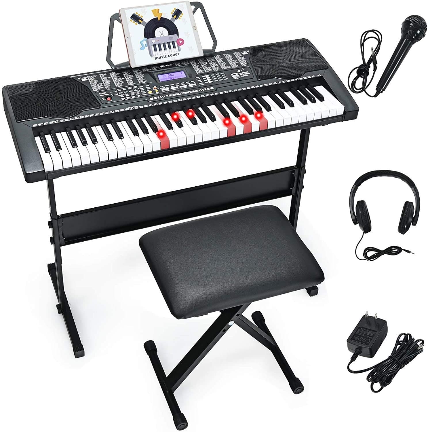 Costzon 61-Key Electronic Keyboard Piano w/Lighted Keys, Built-in Speakers, Recorder, 255 Timbres/Rhythms, 3 Teaching Modes, LCD Display, Headphone...