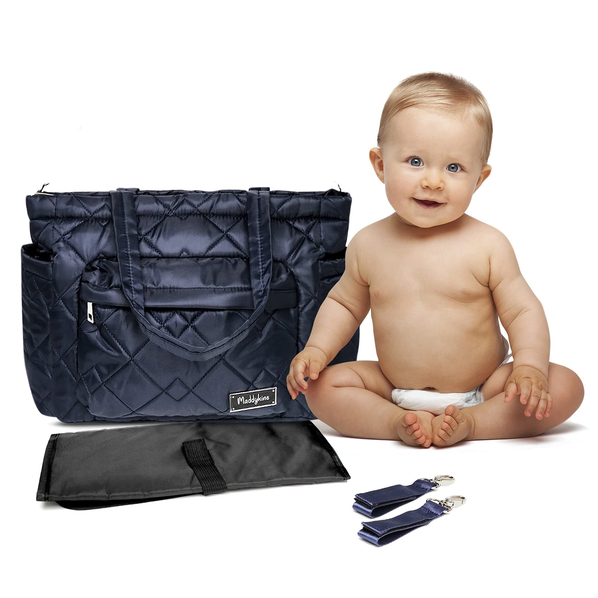 Great Travel Size Stylish Quilted Diaper Tote Bag, Gender Neutral Go Bag with Portable Changing Pad, Laptop Pocket, Shoulder Strap, and 2 Stroller ...