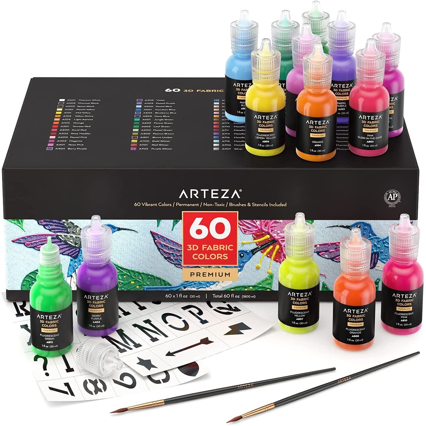 Arteza 3D Fabric Paint, Set of 60 Colors, Permanent Paint in 1 fl oz Fine-Tip Bottles, Art Supplies for Decorating T-Shirts, Ceramics, Textiles, an...
