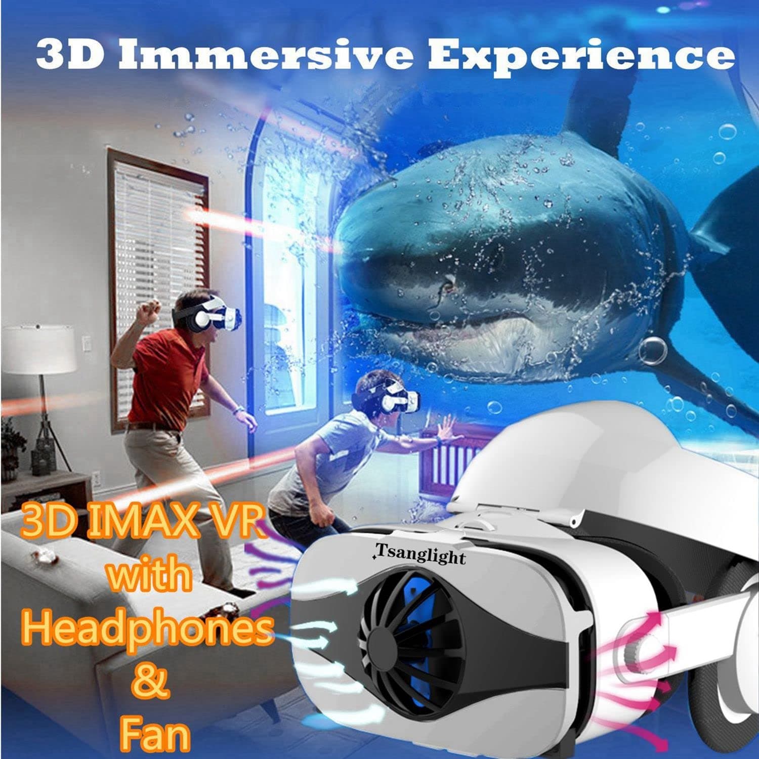 Tsanglight 3D VR Headset/Glasses, Virtual Reality Headset w/ Fan & Headphone for 4.0-6.3” iOS/Android/PC Cellphone, Compatible for iPhone Xs XR X 8...