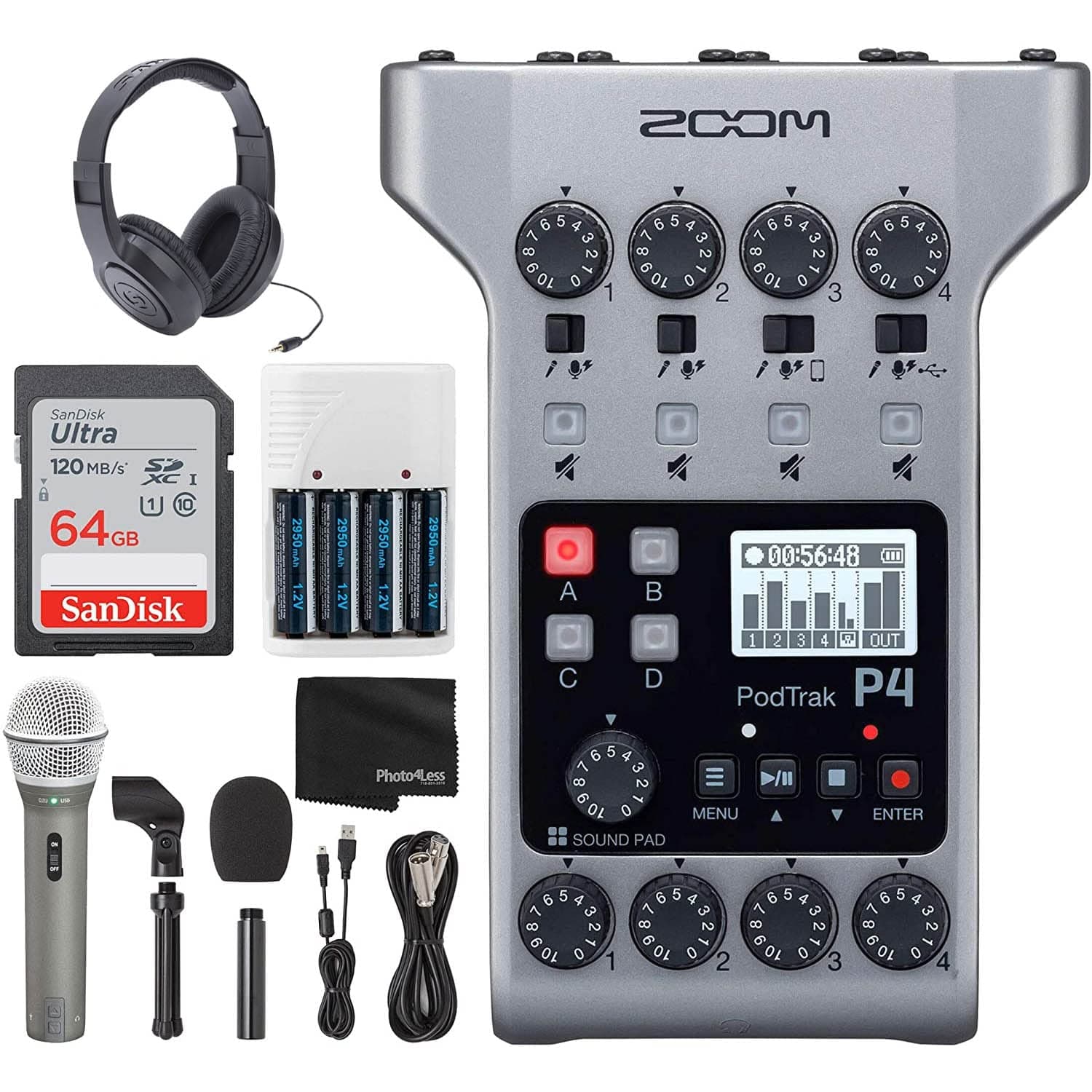 Zoom PodTrak P4 Portable Multitrack Podcast Recorder + Q2U Dynamic Mic Recording & Podcasting Pack + 64GB Memory Card + Stereo Headphones + 4 AA Ba...