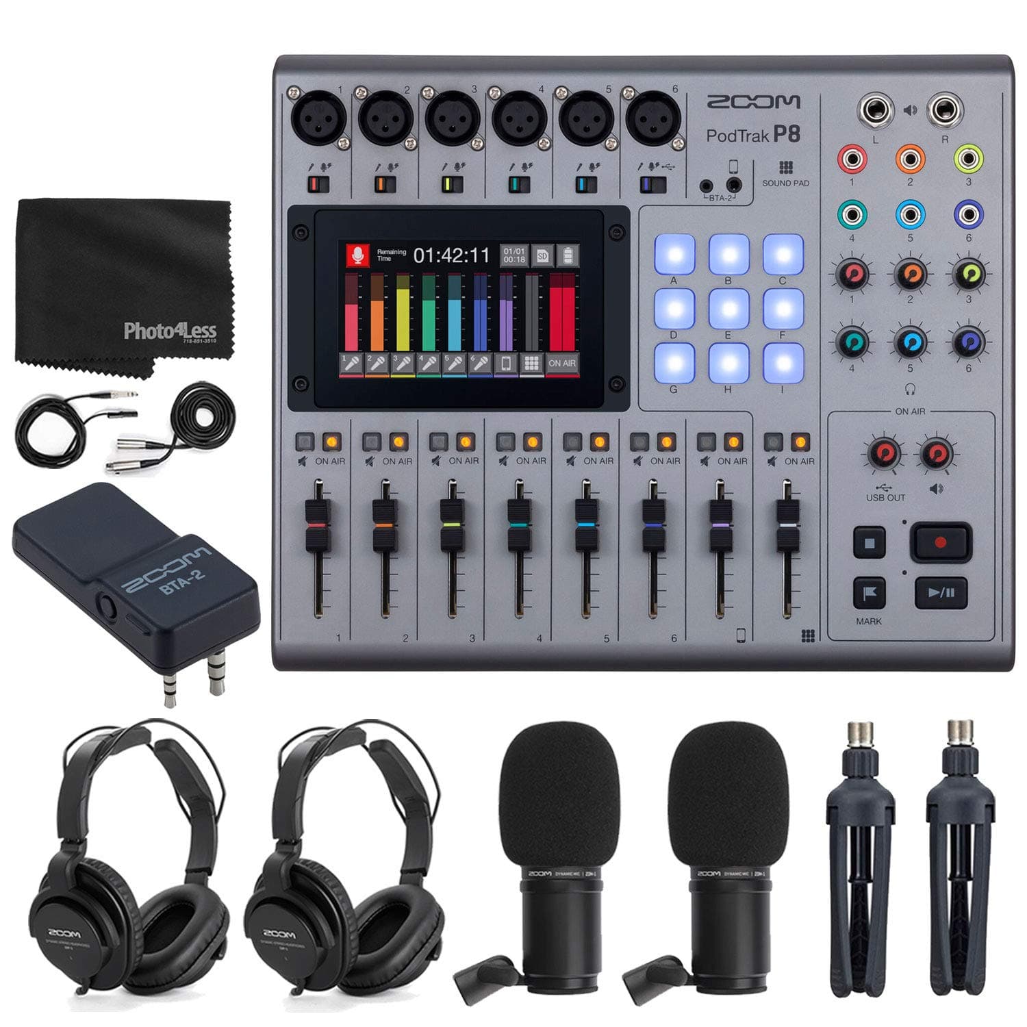 Zoom PodTrak P8 Multitrack Podcast Recorder + 2x Zoom ZDM-1 Podcast Mic + Zoom BTA-2 Bluetooth Adapter + 2x Headphones + 2x Windscreen + XLR Cable ...